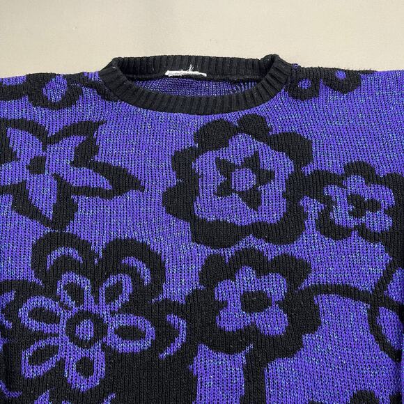 Vintage Flower Art Sweater Adult Small Purple Black Knit Floral Hippie Abstract - Picture 2 of 9
